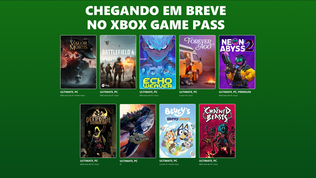 XBOX Game Pass revela novidades para outubro com Battlefield 6 e jogo brasileiro em destaque
